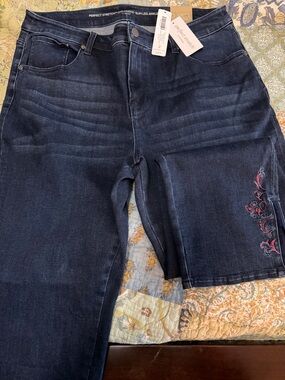 Chico's Dark Indigo Cropped Jeans with Pink Embroidery